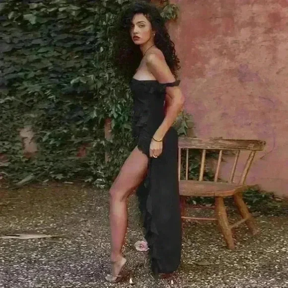 Women Sleeveless Ruffle Split Maxi Dress Summer Solid Spaghetti Strap Square - Picture 2 of 5